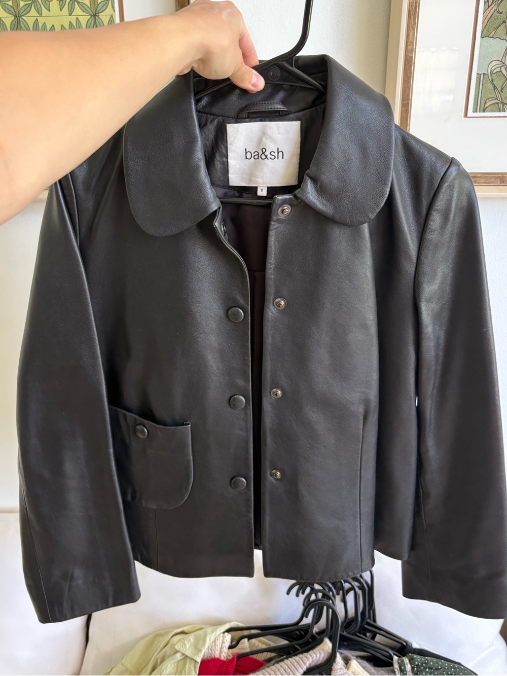 ba&sh Black Leather Snap-Front Jacket